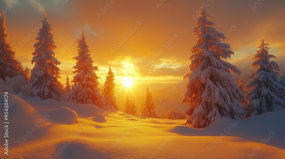 Winter wonderland sunset with snow-covered trees and a golden sky, creating a magical and serene winter landscape, Serene, Warm Tones, Wide Angle Winter wonderland sunset with snow-covered trees and a golden sky, creating a magical and serene winter landscape, Serene, Warm Tones, Wide Angle