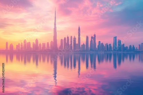 Panoramic Dubai skyline with Reflection in Pastel Sunset colors , ai