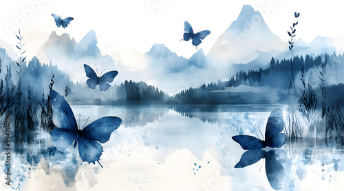 Serene Nordic Landscape in Watercolors: Blue Butterflies in Geometric Embrace photo