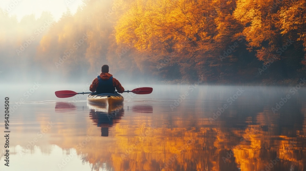 A person kayaking in water with colorful Autumn foliage woods A person kayaking in water with colorful Autumn foliage woods