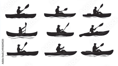 Collection of sketch line drawing of a man kayaking