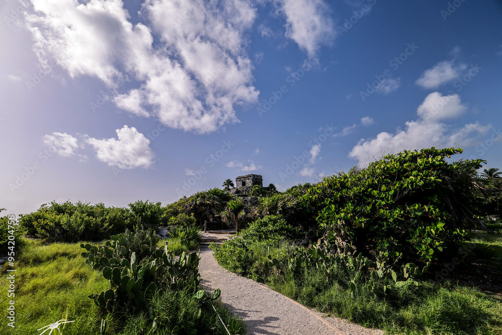 Tulum Ruins and Palm Tree, Tulum beach, Mayan ruins of Tulum at tropical coast. God of Winds Temple at paradise beach. Mayan ruins of Tulum, Quintana Roo, Mexico. Tulum Ruins and Palm Tree, Tulum beach, Mayan ruins of Tulum at tropical coast. God of Winds Temple at paradise beach. Mayan ruins of Tulum, Quintana Roo, Mexico.