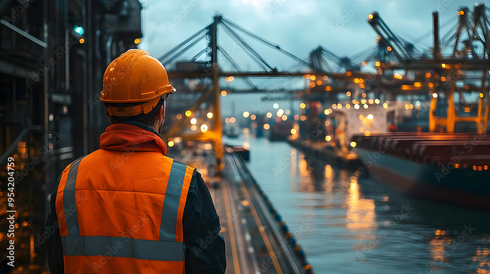 Construction worker in hard hat and reflective vest standing on a dock overlooking a large shipyard at dusk. Construction worker in hard hat and reflective vest standing on a dock overlooking a large shipyard at dusk.