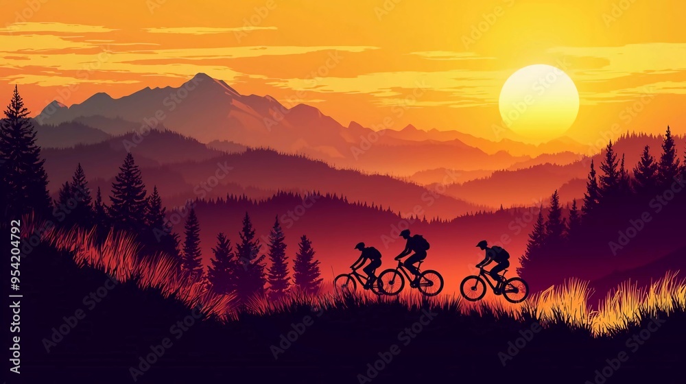 A group of campers climbing the mountain by bicycle at sunset. Nice couple on bike silhouettes and twilight scenery
A group of campers climbing the mountain by bicycle at sunset. Nice couple on bike silhouettes and twilight scenery
