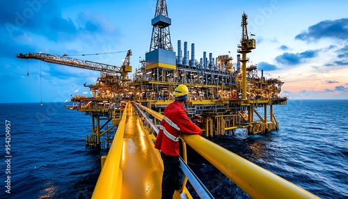 A worker observes the sunset over an offshore oil rig, showcasing energy production in a dynamic marine environment.