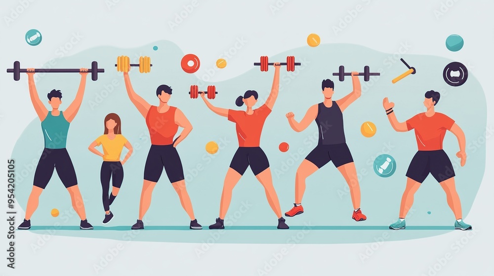 Group of people exercising and lifting weights Group of people exercising and lifting weights