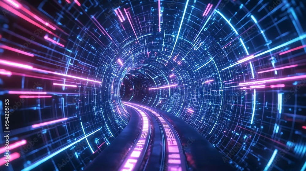 Fototapeta premium Abstract neon lights into digital technology tunnel. Futuristic technology abstract background with lines for network, big data, data center, server, internet, speed. Nice 3D rendering