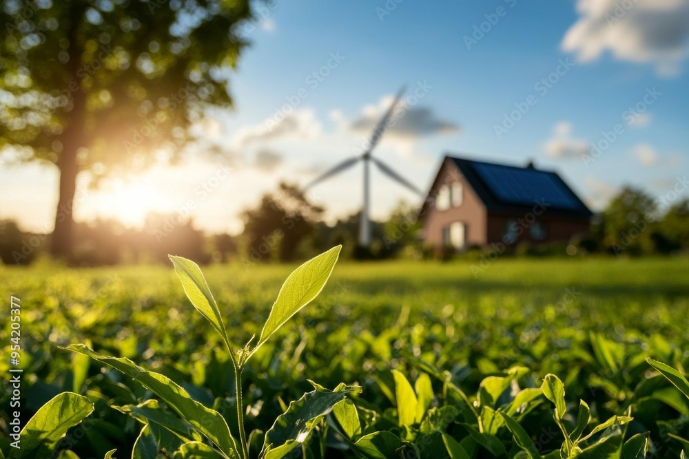 Fototapeta premium A modern home exterior with solar panels and a wind turbine, showcasing a commitment to sustainability