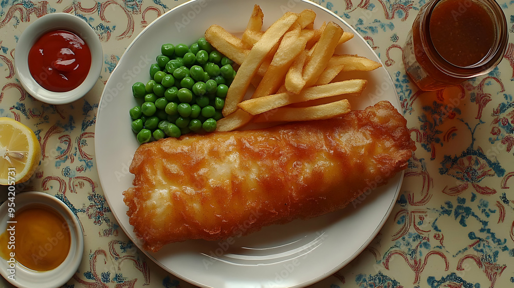 Crispy fried fish with golden french fries, peas, and ketchup. Crispy fried fish with golden french fries, peas, and ketchup.