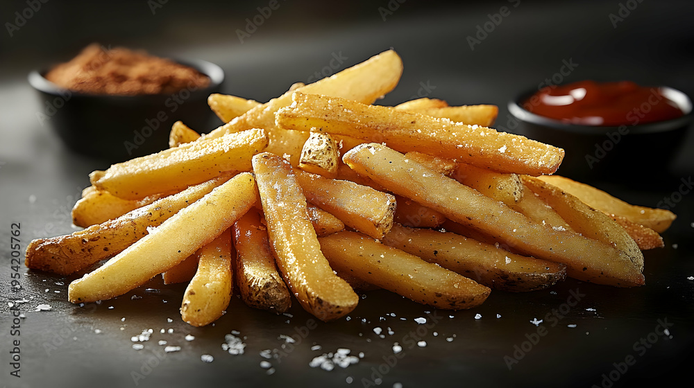 Crispy golden french fries with salt on dark background. Crispy golden french fries with salt on dark background.