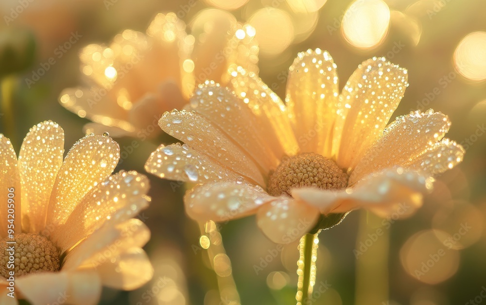 Fototapeta premium autumn flowers with tiny dew drops glistening in the early morning light, soft background bokeh