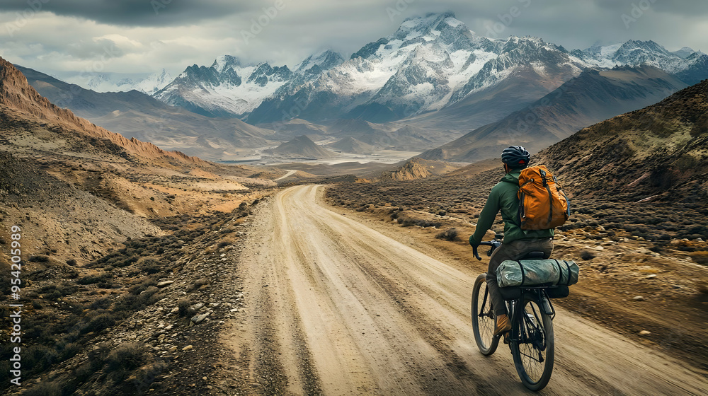 Cyclist rides a dirt road through mountains with a backpack. Cyclist rides a dirt road through mountains with a backpack.