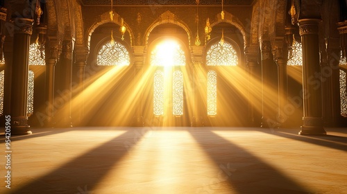  The Light of Deen Islam Illuminates an Empty Stage, Symbolizing the Spread of Spiritual Knowledge in a Modern Discourse Setting. photo