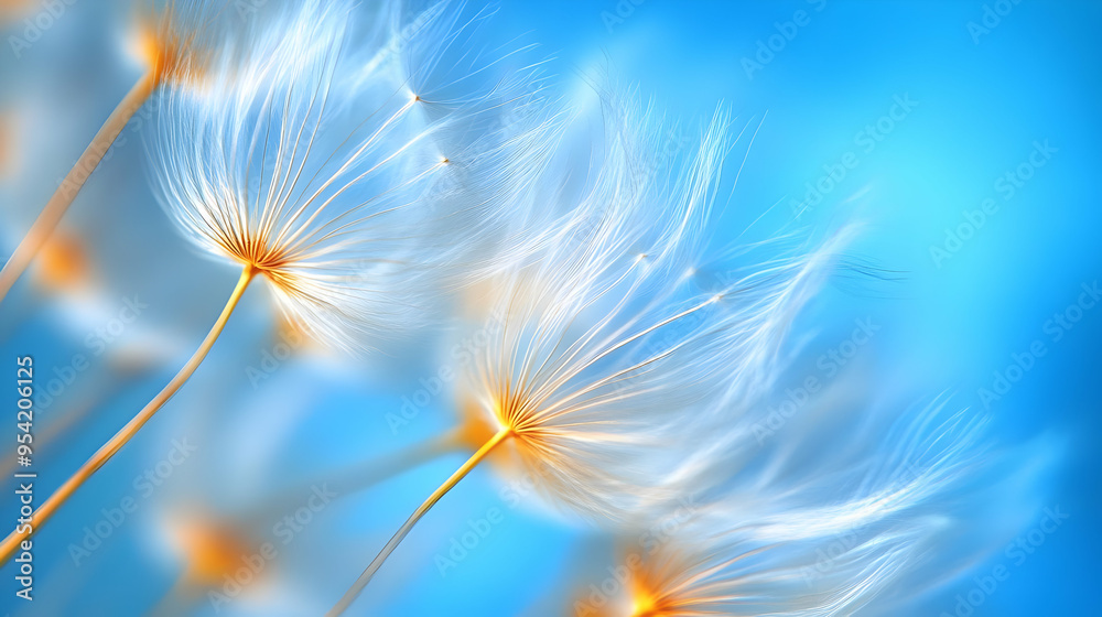 Fototapeta premium Dandelion seeds against blue sky, close-up.