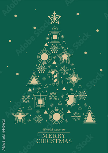 arbol de navidad con elemtos en dorado en fondo verde, ideal para tarjeta o poster