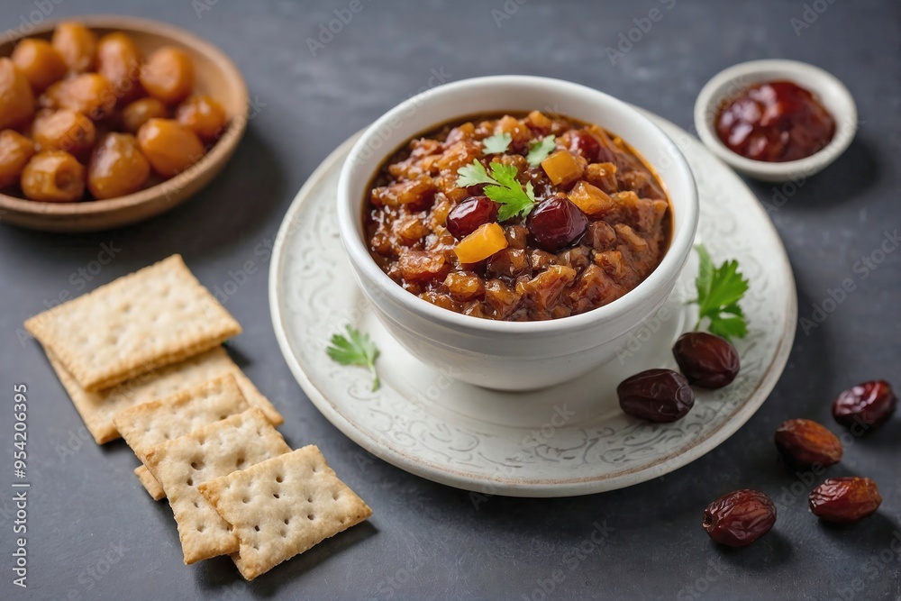 Date Chutney: Date fruit chutney served alongside plain crackers or bread on a minimalist white plate, with scattered dates Date Chutney: Date fruit chutney served alongside plain crackers or bread on a minimalist white plate, with scattered dates