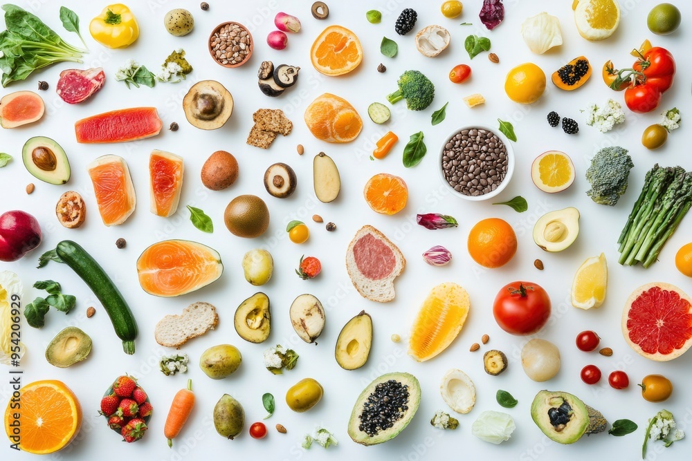 Many different healthy food on white table, flat lay , ai Many different healthy food on white table, flat lay , ai