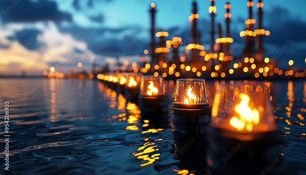 A mesmerizing view of illuminated lanterns floating on water near an oil refinery at dusk, showcasing industrial beauty. A mesmerizing view of illuminated lanterns floating on water near an oil refinery at dusk, showcasing industrial beauty.