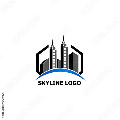 Modern Abstract City Skyline Logo Design with Geometric Elements and Gradient Overlays in Cool Tones"