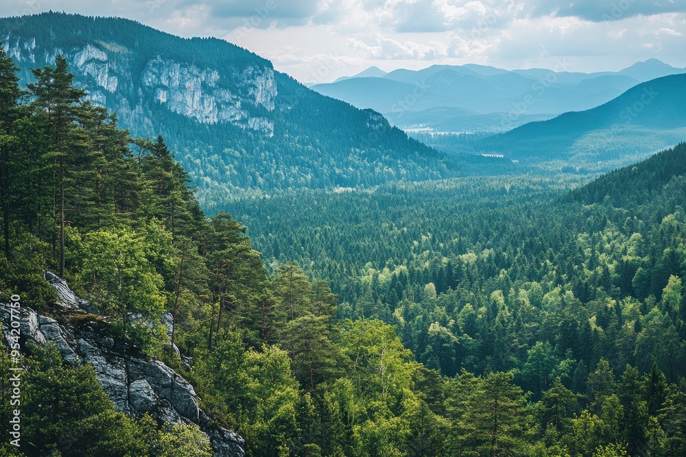 Fototapeta premium Beautiful mountain view with forests and rocks, ai