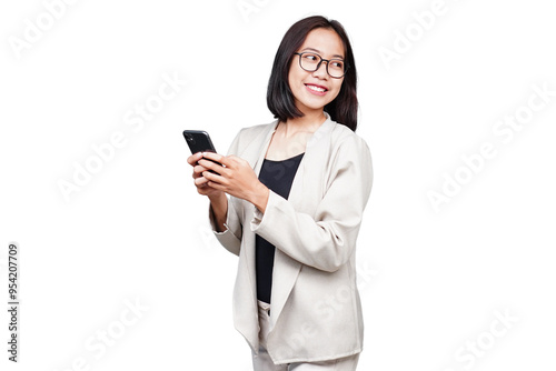 Asian Businesswoman with phone isolated transparent