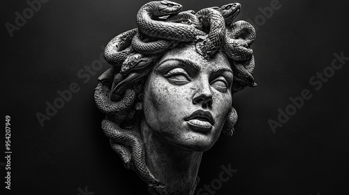 A close-up of a Medusa sculpture, a mythological figure with snakes for hair. photo