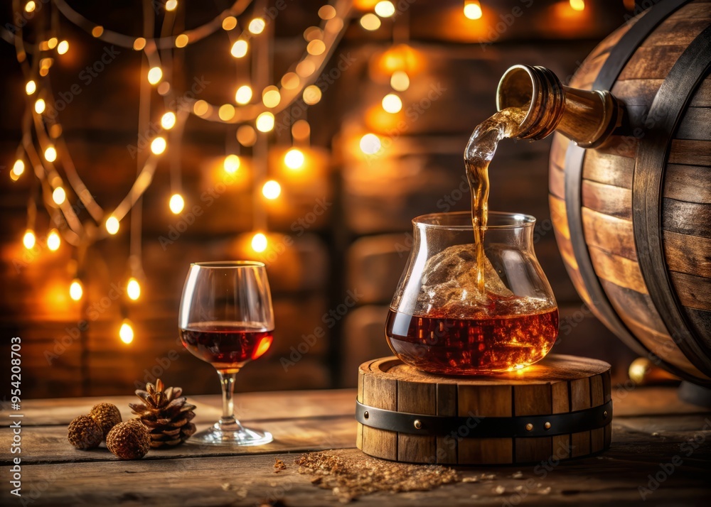 Rich, velvety liquid pours from a decanter into a delicately etched glass, surrounded by rustic wooden barrels and Rich, velvety liquid pours from a decanter into a delicately etched glass, surrounded by rustic wooden barrels and