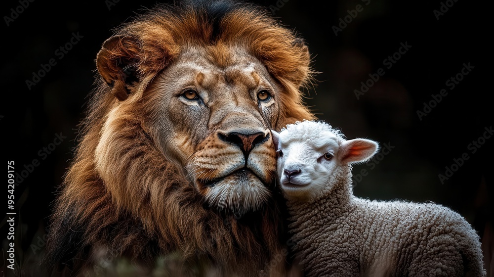 majestic lion and gentle lamb posed together against dramatic black background symbolic unity contrasting textures powerful yet peaceful composition metaphorical concept majestic lion and gentle lamb posed together against dramatic black background symbolic unity contrasting textures powerful yet peaceful composition metaphorical concept
