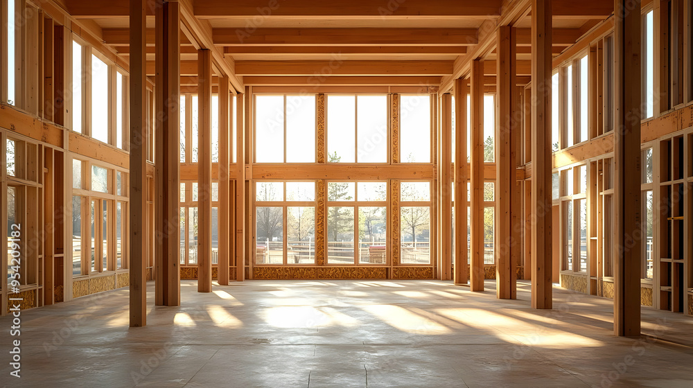 Empty room with wooden frame and large windows. Empty room with wooden frame and large windows.