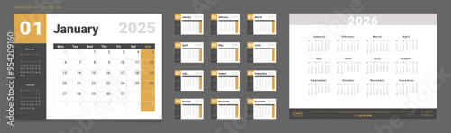 Set of 2025 Pages Monthly Calendar Planner Templates and annual on 2026. Vector layout of a wall or desktop calendar with the week starting on Monday for printing. Pages size A4-21x29.7cm