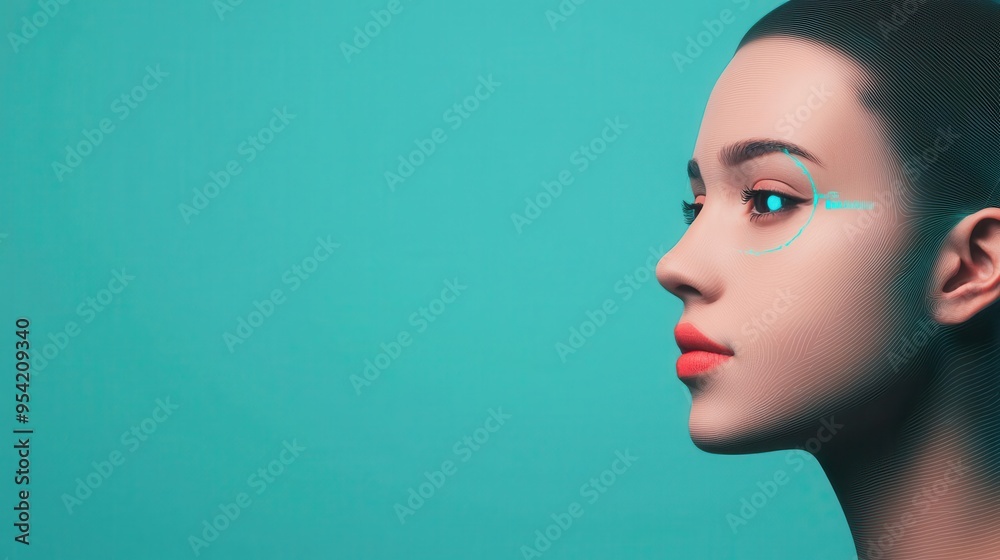 Digital visualization of a face being scanned by biometric software, Holographic, High-tech, Realistic, Blue lighting Digital visualization of a face being scanned by biometric software, Holographic, High-tech, Realistic, Blue lighting