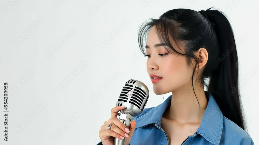 Woman in blue jacket holds vintage microphone against white backdrop. Side profile showcases focused expression. Black ponytail and subtle makeup complete professional look.	