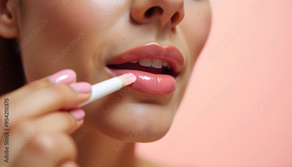 Naklejka premium Woman Applying Pink Glossy Lip Balm Close-Up