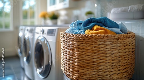 modern laundry room interior sleek white frontloading washer and dryer pair woven basket overflowing with colorful clothes soft ambient lighting minimalist decor photo