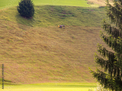 Photography Man on steep hill struggles to mow without toppling