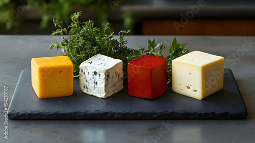 Four cheese cubes on a blac...