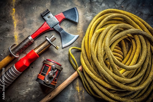 Rugged metal equipment, including a fire axe, Halligan bar, and rescue rope, arranged neatly on a floor, symbolizing photo