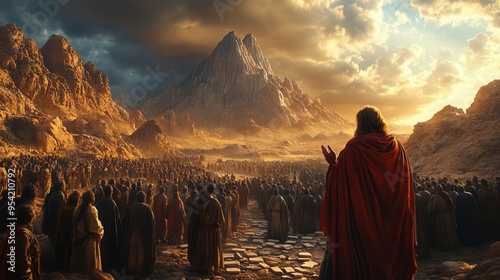 moses addressing multitude at base of mount sinai dramatic stormy sky tablets of stone ancient israelites in traditional garb rugged desert landscape photo