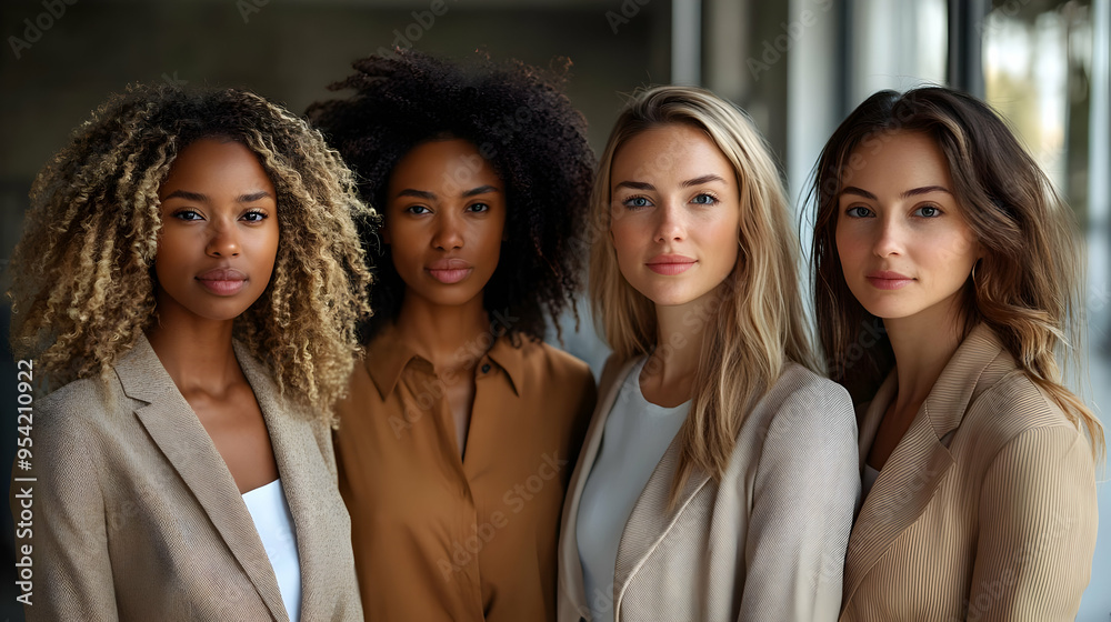 Four diverse women in beige and brown clothing. Four diverse women in beige and brown clothing.