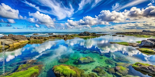 Rugged ocean rocks nestled among seaweed-covered tidal pools, reflecting serene turquoise hues beneath a vibrant blue photo