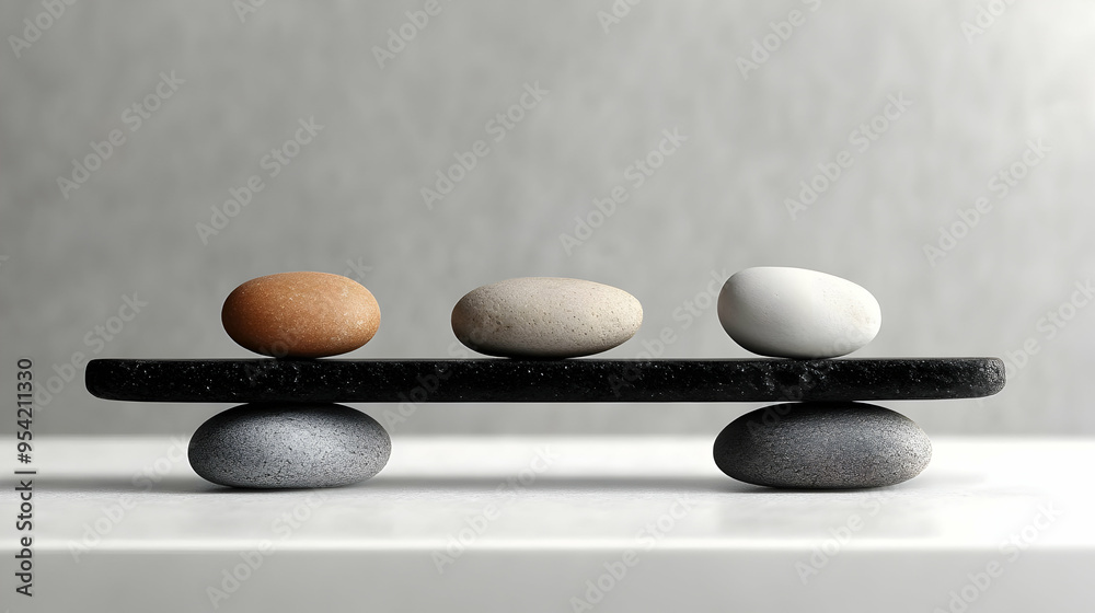 Four smooth stones balanced on a black slate. Four smooth stones balanced on a black slate.