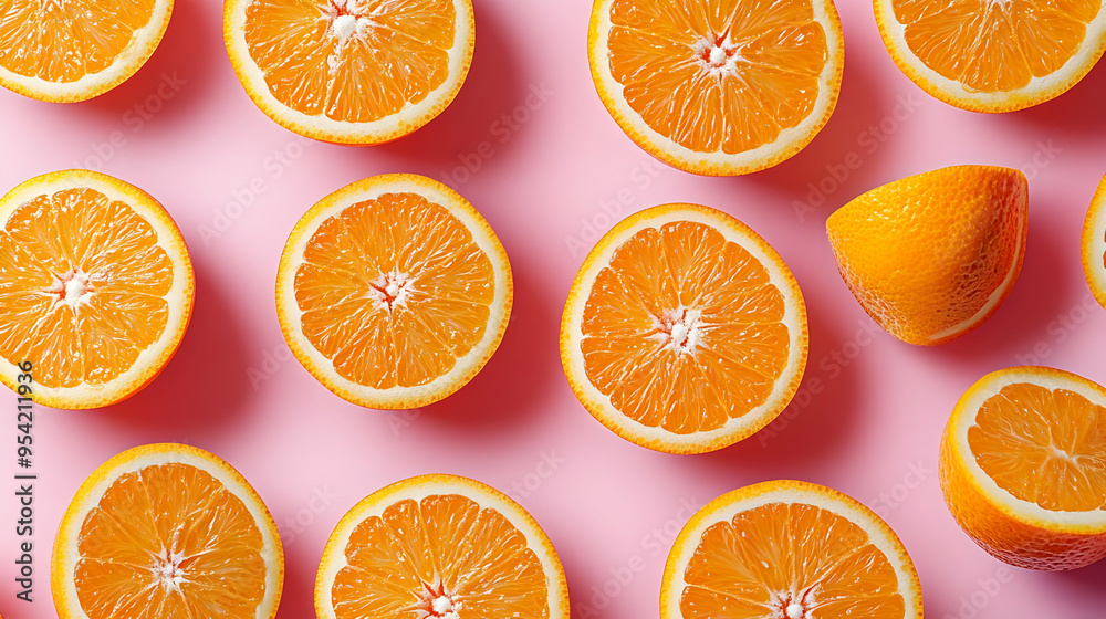 Fototapeta premium Fresh orange slices on a pink background.