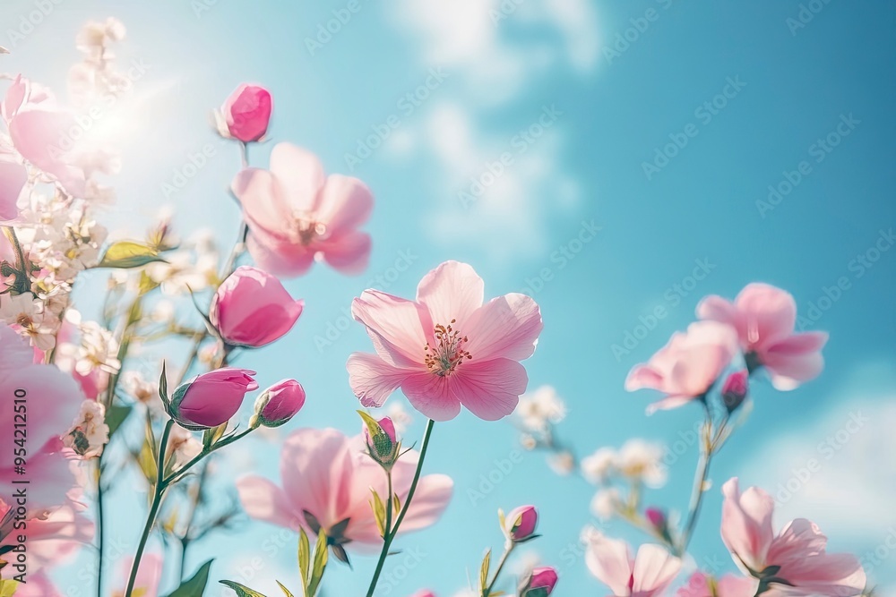 Spring flowers fly on a blue sky background. Beautiful pastel pink flower arrangement. Summer wallpaper , ai Spring flowers fly on a blue sky background. Beautiful pastel pink flower arrangement. Summer wallpaper , ai