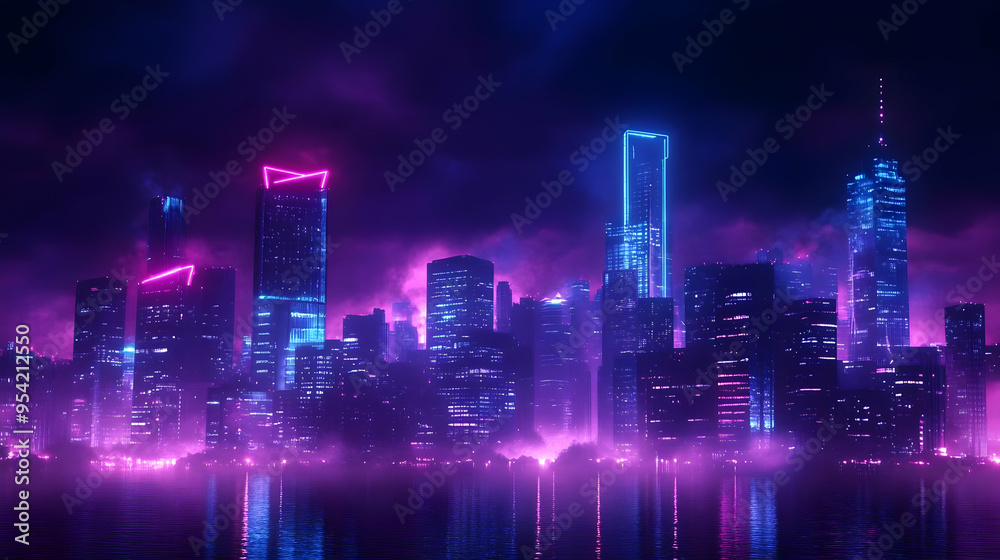 Futuristic cityscape with neon lights reflecting on the water at night. Futuristic cityscape with neon lights reflecting on the water at night.