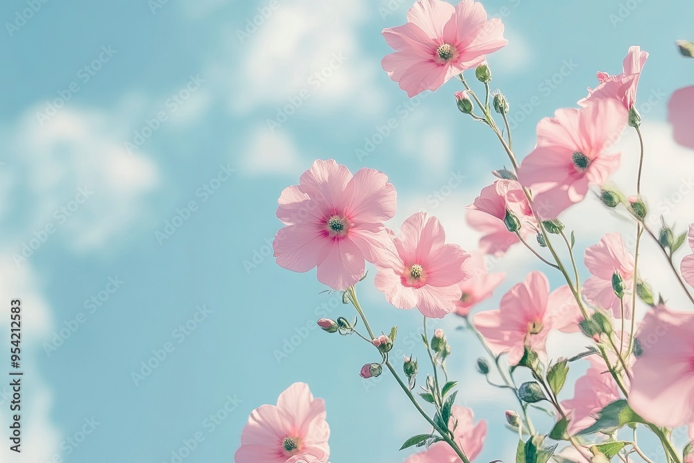 Spring flowers fly on a blue sky background. Beautiful pastel pink flower arrangement. Summer wallpaper , ai Spring flowers fly on a blue sky background. Beautiful pastel pink flower arrangement. Summer wallpaper , ai
