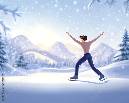 3D cartoon, a figure skater spinning gracefully on ice, with a winter landscape in the background  photo