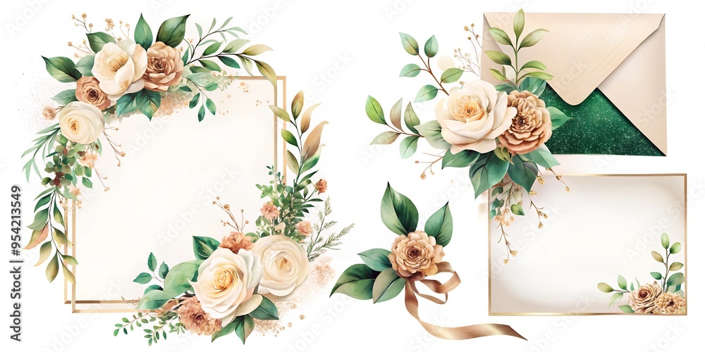 Fototapeta premium Embroidered watercolor wedding invitation modern set with emerald and gold textures,