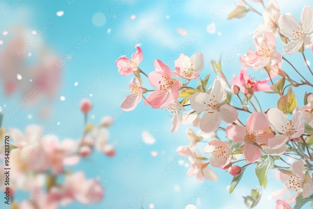 Spring flowers fly on a blue sky background. Beautiful pastel pink flower arrangement. Summer wallpaper , ai Spring flowers fly on a blue sky background. Beautiful pastel pink flower arrangement. Summer wallpaper , ai