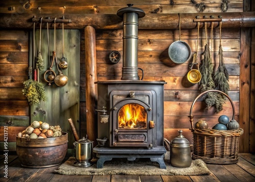 Rustic wood-burning stove with ornate metal pipes curving upwards, surrounded by worn wooden planks and vintage