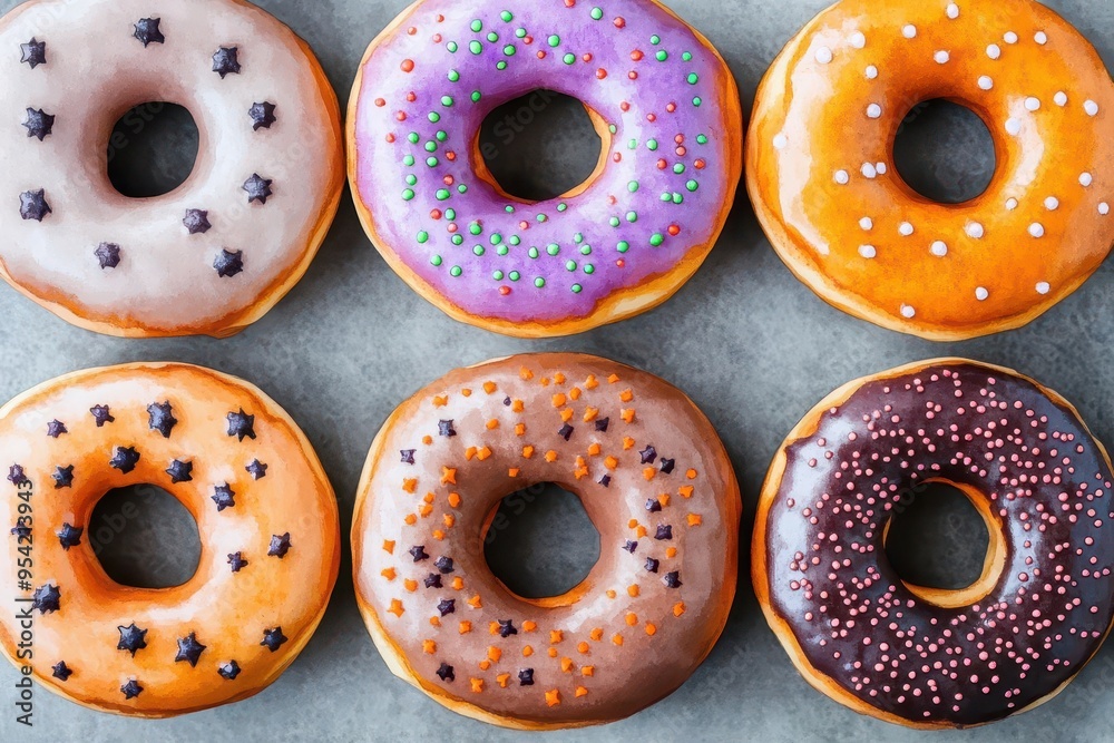 Halloween-themed donuts, pumpkin frosting, spooky sprinkles, watercolor style